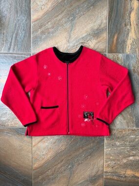 Artisans Red Fleece Zip Jacket Cardinal Bird Embroidered Snowflakes Medium